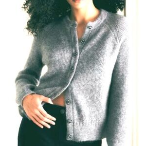 Sezane Paris Othello Baby Alpaca Cardigan in Mottled Grey, Large.